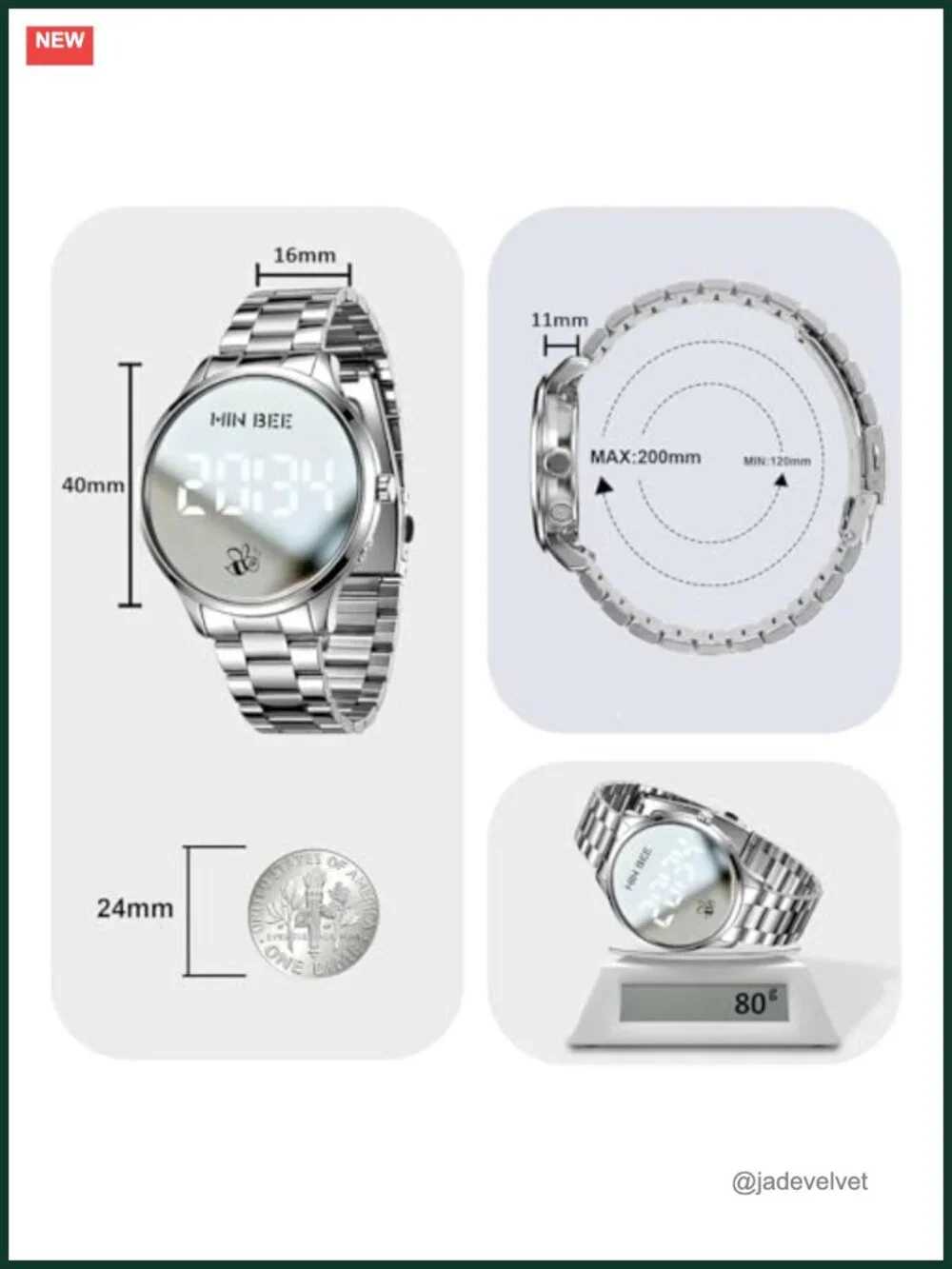 Digital Watch Large Face Wrist Watch Stainless Steel Band 30m Water Resistant